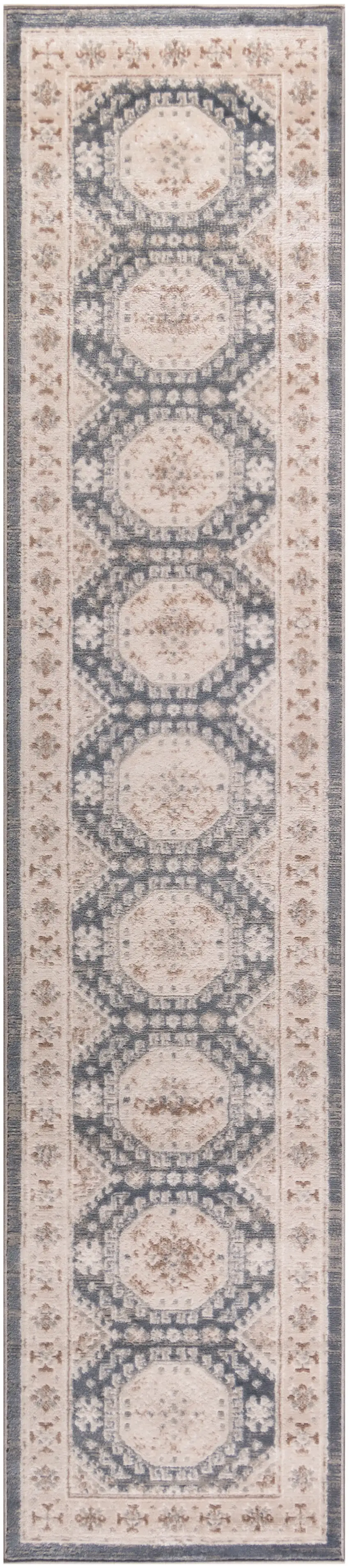8' Ivory Blue And Brown Geometric Distressed Runner Rug Photo 4