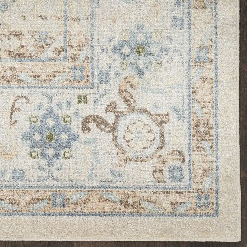 10' Ivory Blue And Brown Geometric Runner Rug Photo 9