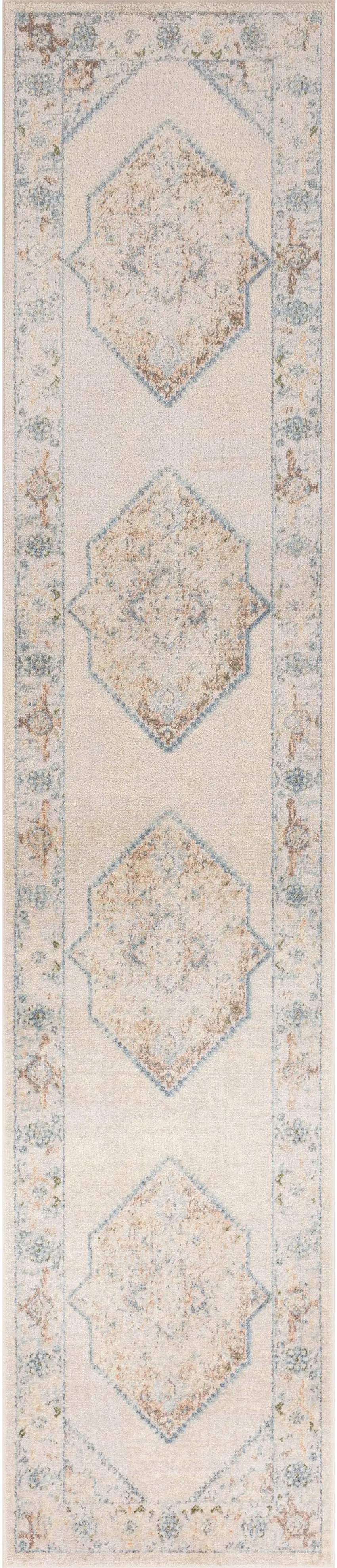 10' Ivory Blue And Brown Geometric Runner Rug Photo 2