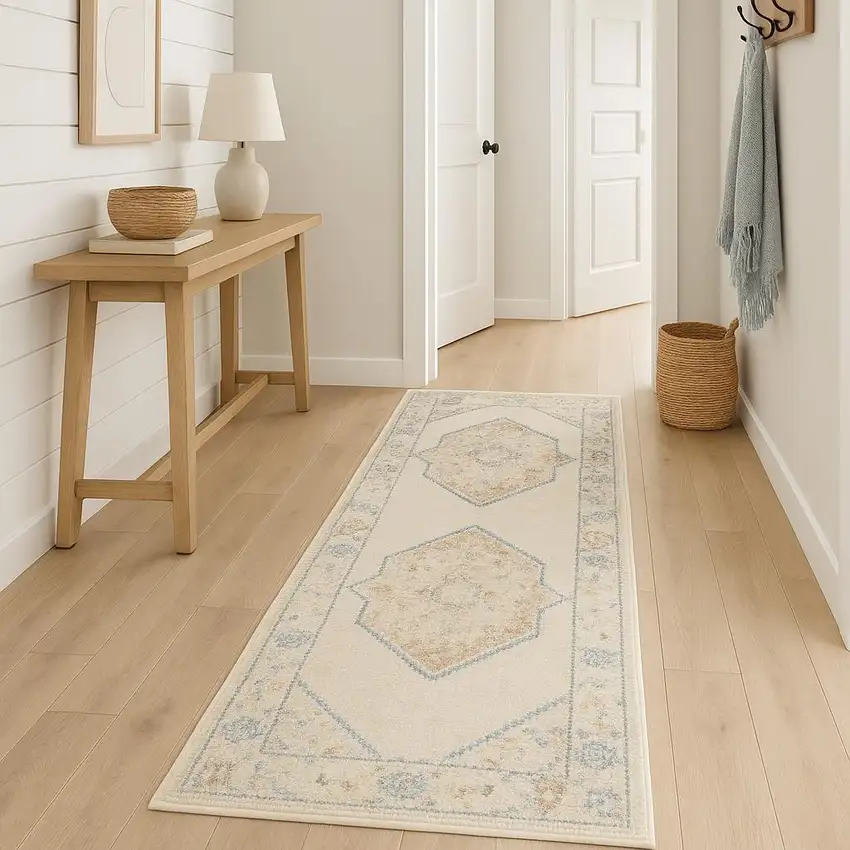 10' Ivory Blue And Brown Geometric Runner Rug Photo 1