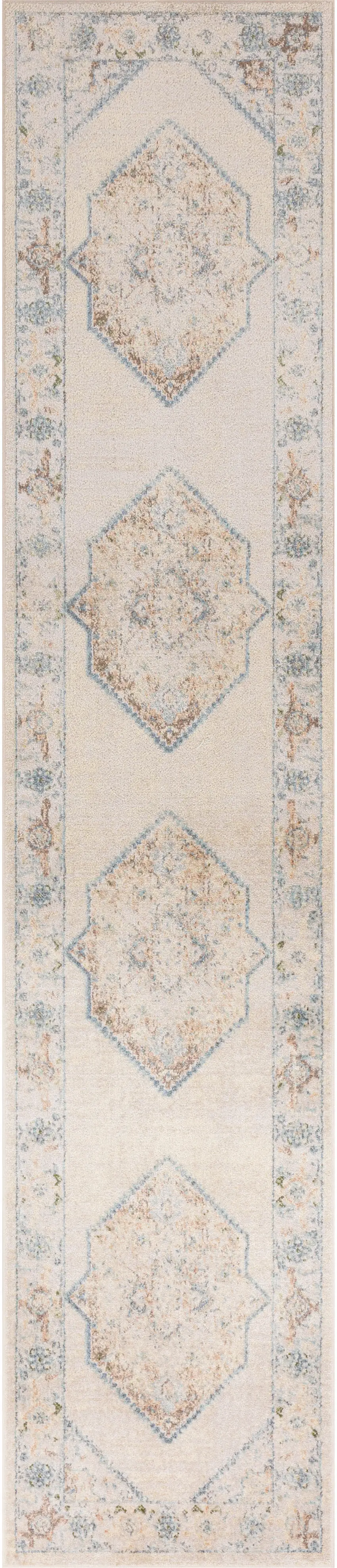 8' Ivory Blue And Brown Geometric Runner Rug Photo 4