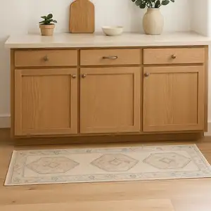 Photo of 8' Ivory Blue And Brown Geometric Runner Rug