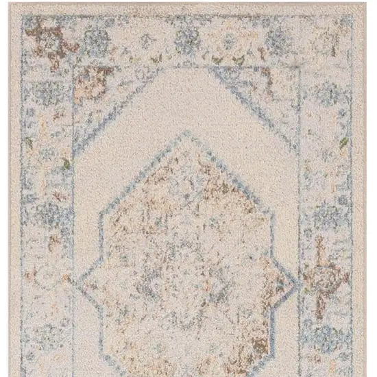 8' Ivory Blue And Brown Geometric Runner Rug Photo 3