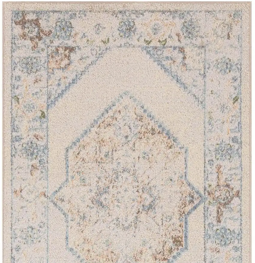 8' Ivory Blue And Brown Geometric Runner Rug Photo 3