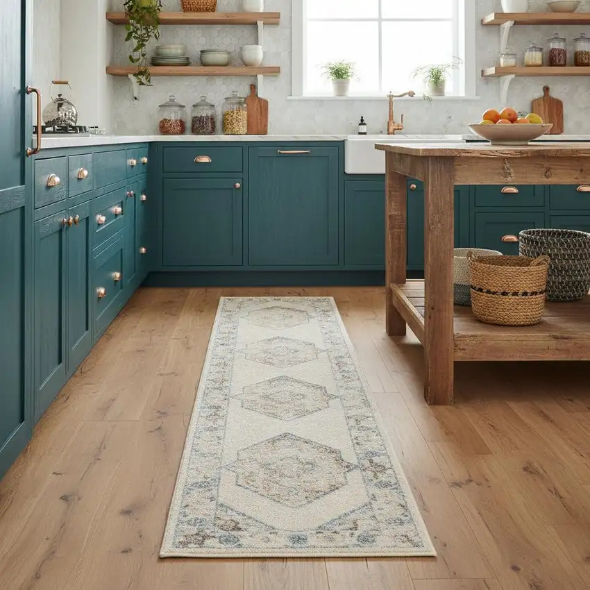 8' Ivory Blue And Brown Geometric Runner Rug Photo 1