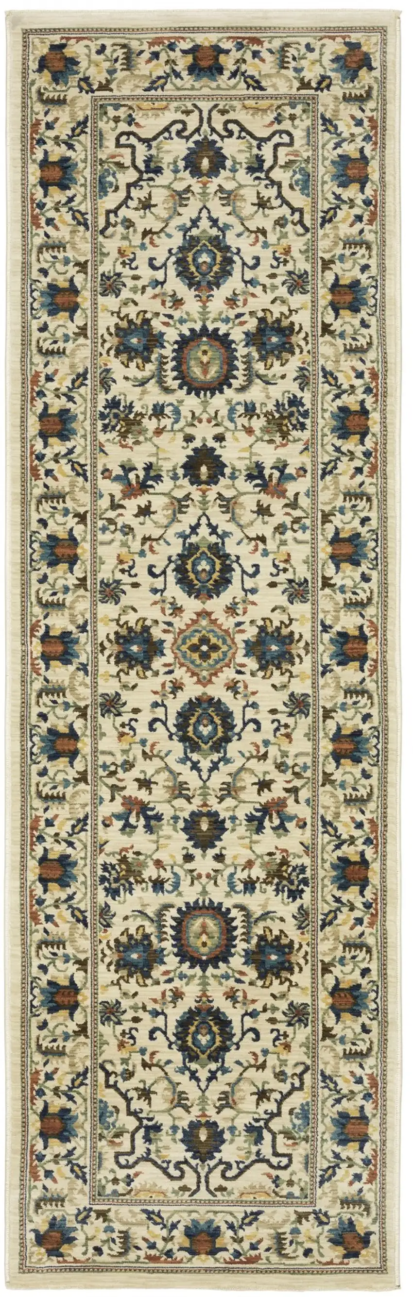 8' Ivory Blue And Brown Oriental Runner Rug With Fringe Photo 2