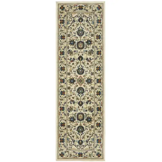 8' Ivory Blue And Brown Oriental Runner Rug With Fringe Photo 2