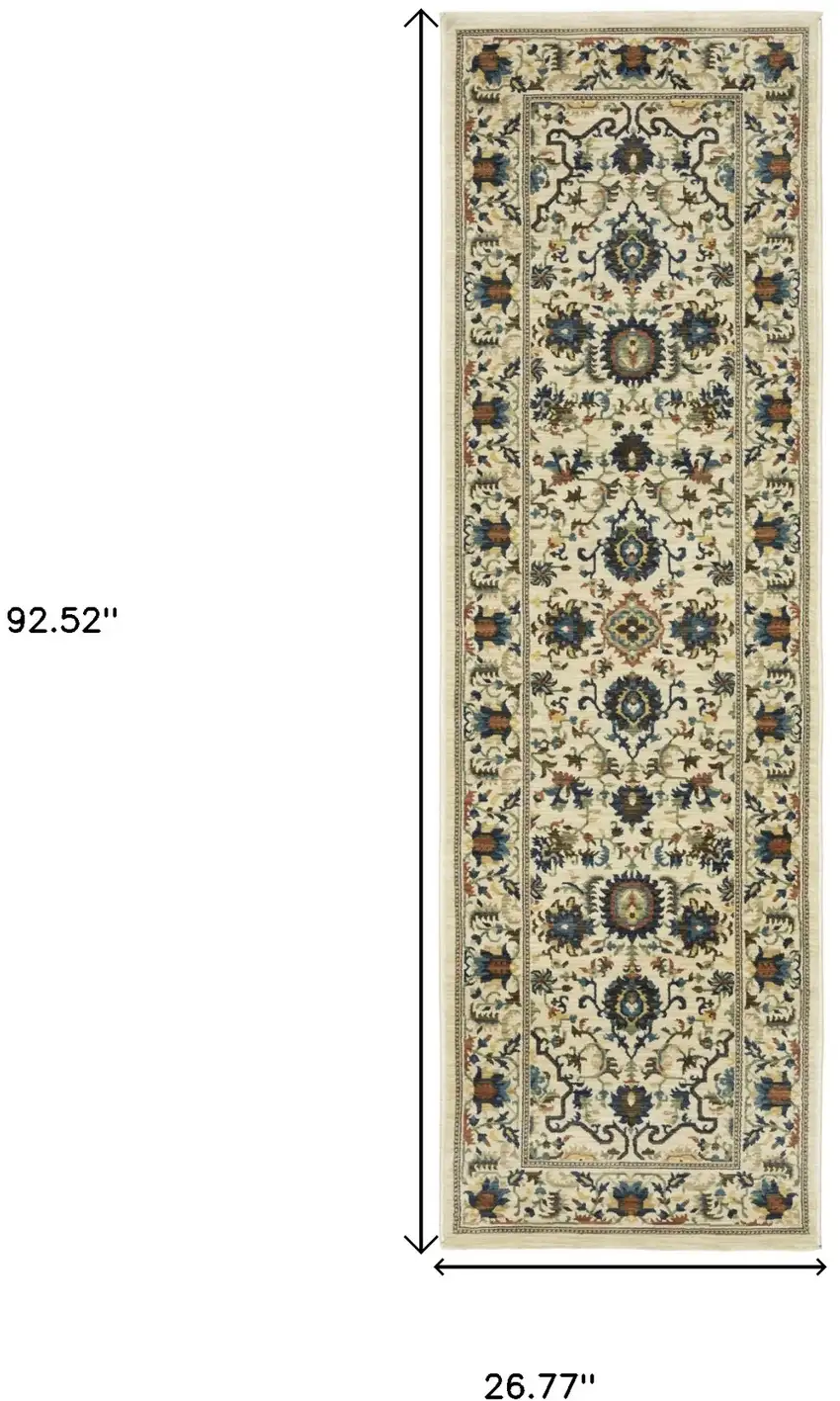 8' Ivory Blue And Brown Oriental Runner Rug With Fringe Photo 3