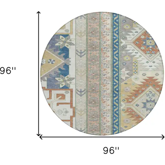 8' Ivory Blue And Brown Round Aztec Washable Indoor Outdoor Area Rug Photo 3