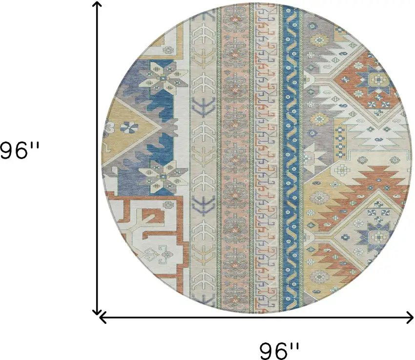 8' Ivory Blue And Brown Round Aztec Washable Indoor Outdoor Area Rug Photo 3