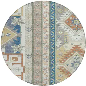 Photo of 8' Ivory Blue And Brown Round Aztec Washable Indoor Outdoor Area Rug