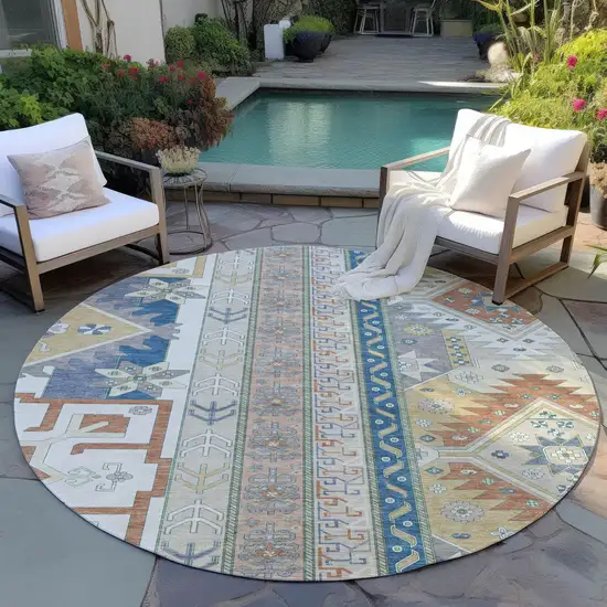 8' Ivory Blue And Brown Round Aztec Washable Indoor Outdoor Area Rug Photo 7