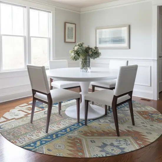 8' Ivory Blue And Brown Round Aztec Washable Indoor Outdoor Area Rug Photo 8