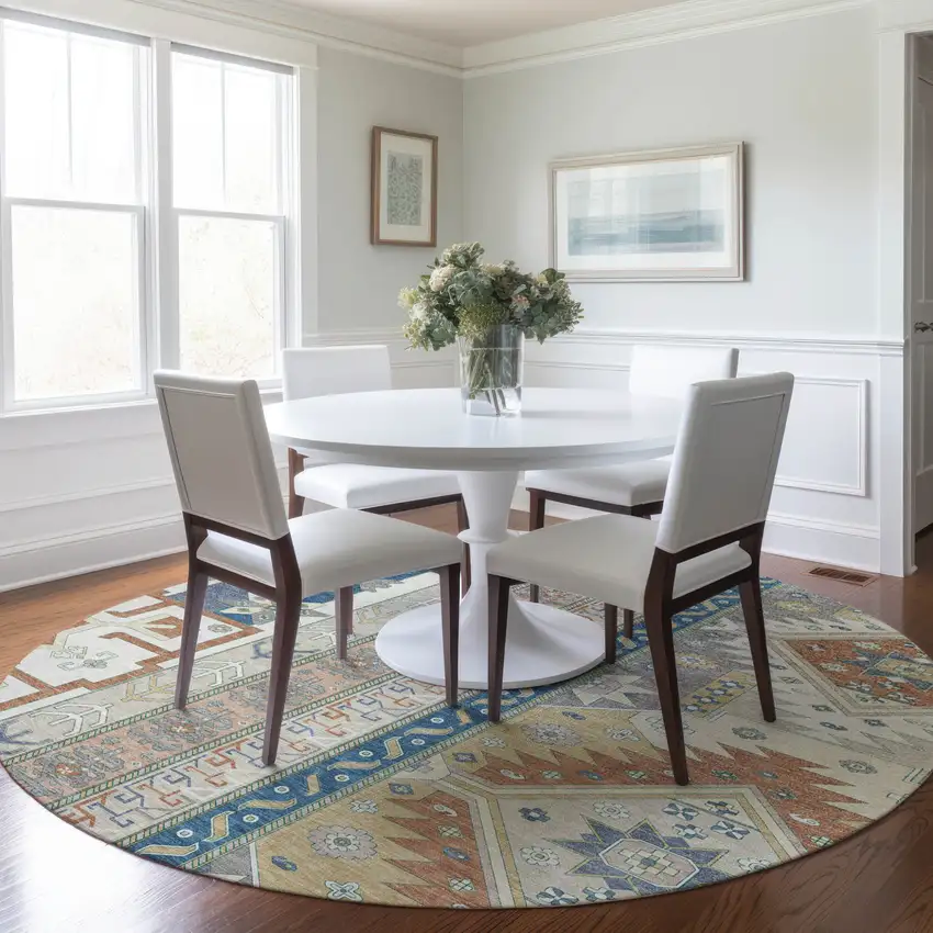 8' Ivory Blue And Brown Round Aztec Washable Indoor Outdoor Area Rug Photo 8