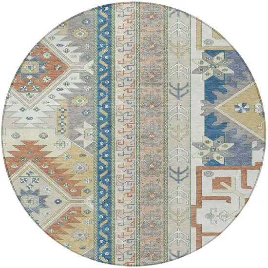 8' Ivory Blue And Brown Round Aztec Washable Indoor Outdoor Area Rug Photo 6