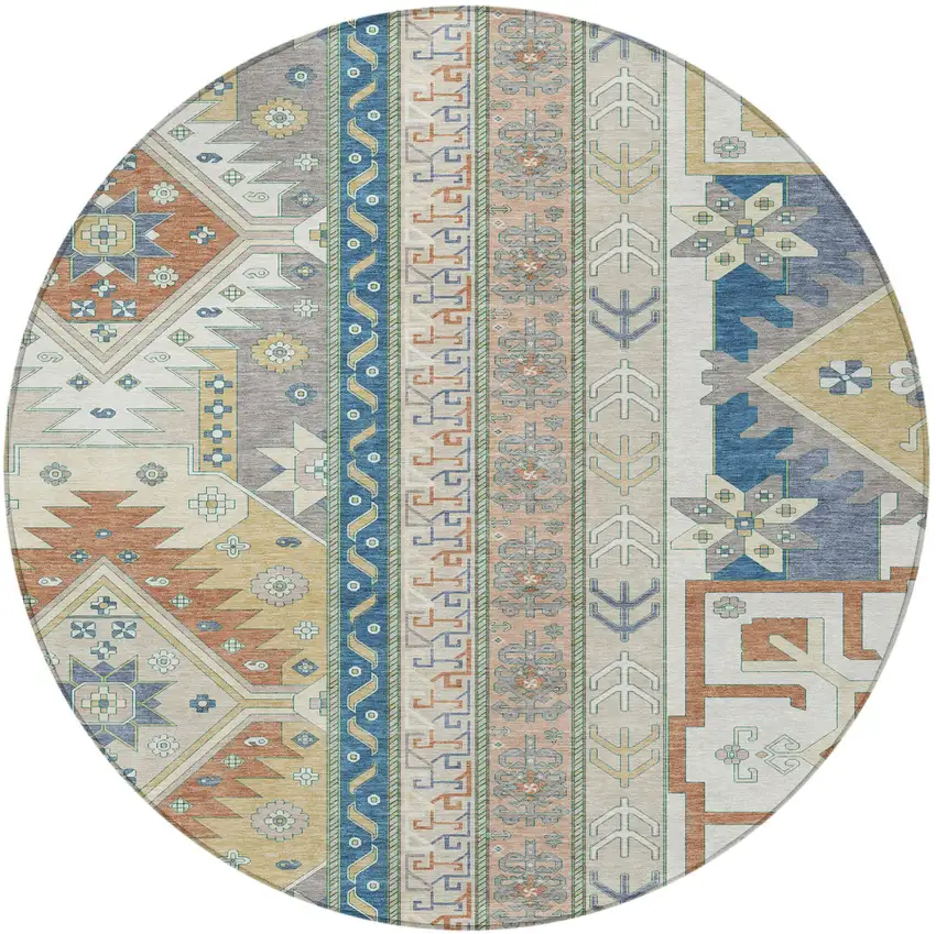 8' Ivory Blue And Brown Round Aztec Washable Indoor Outdoor Area Rug Photo 6