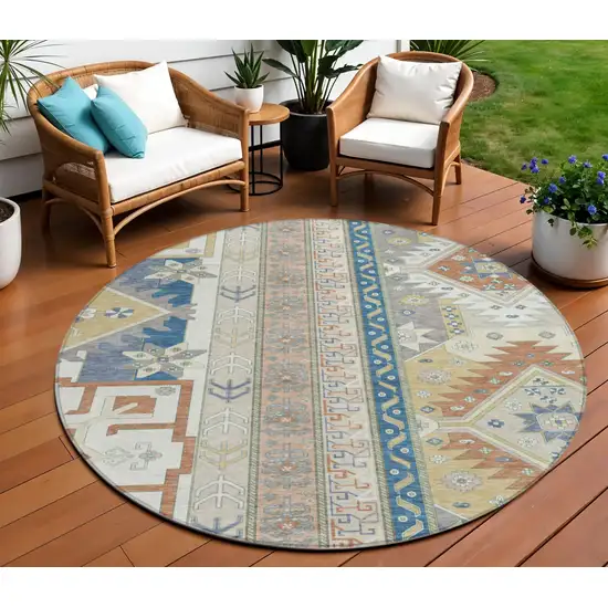 8' Ivory Blue And Brown Round Aztec Washable Indoor Outdoor Area Rug Photo 1