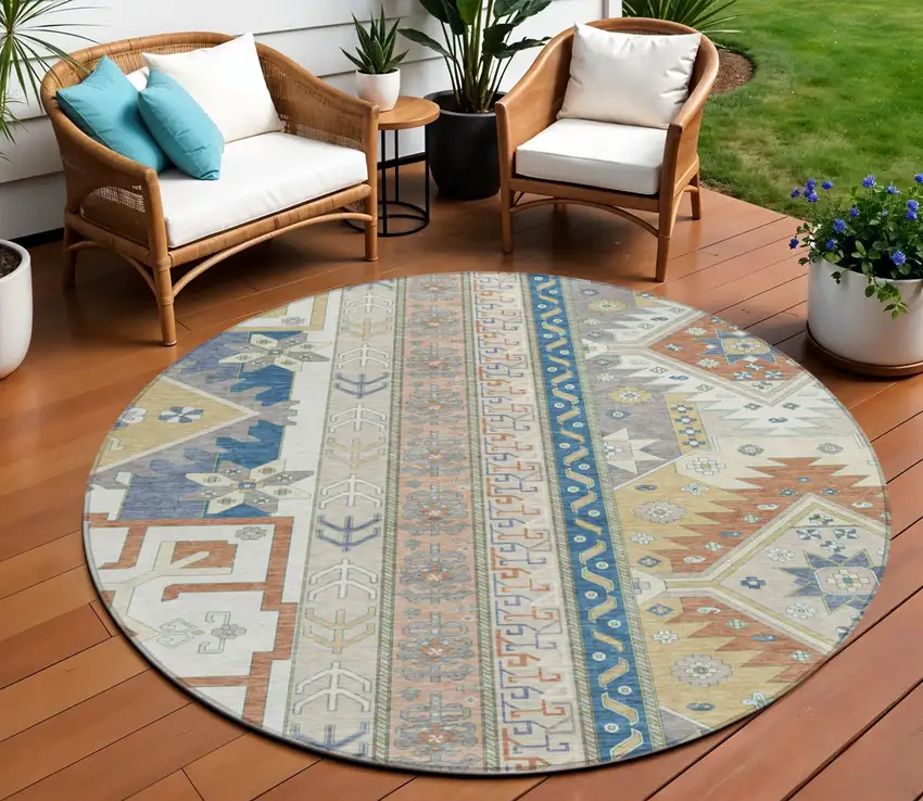 8' Ivory Blue And Brown Round Aztec Washable Indoor Outdoor Area Rug Photo 1