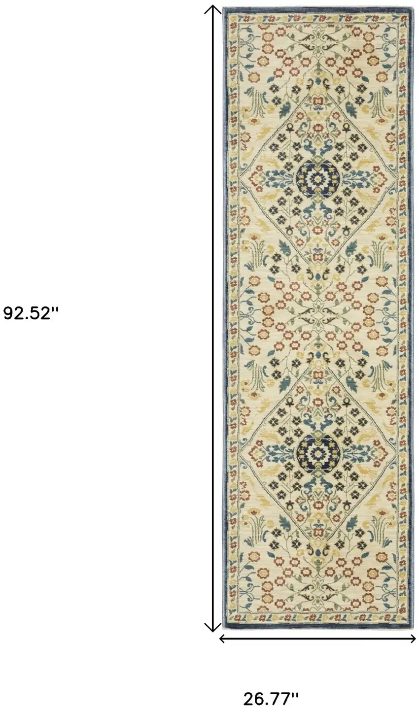 8' Ivory Blue And Burnt Orange Oriental Runner Rug With Fringe Photo 3