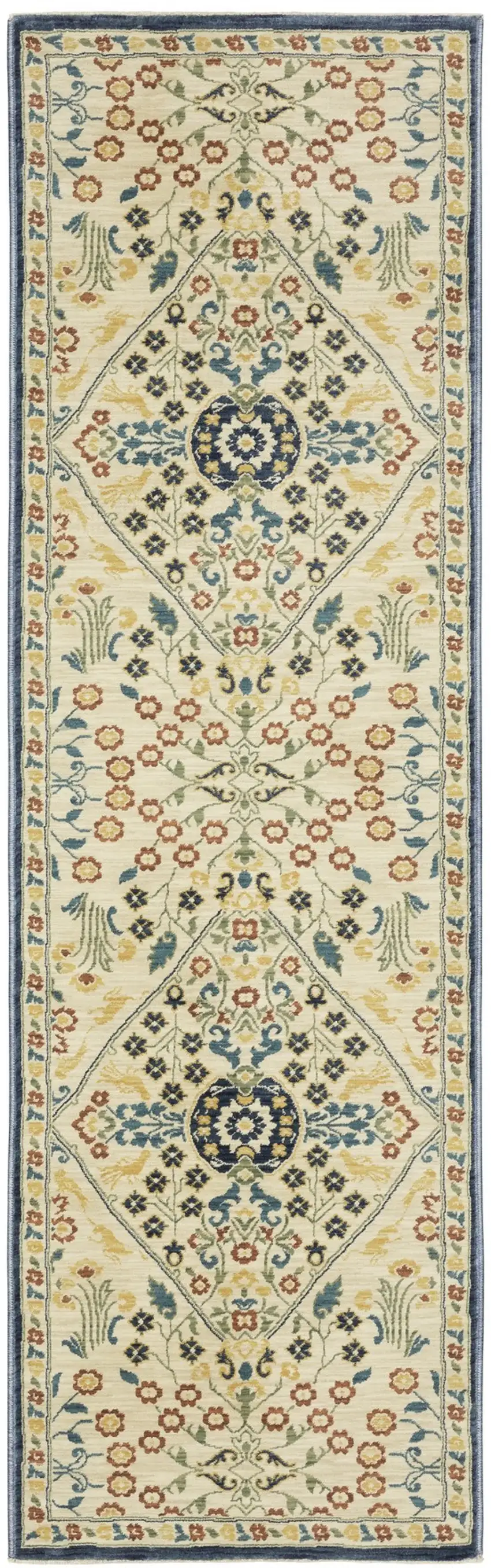 8' Ivory Blue And Burnt Orange Oriental Runner Rug With Fringe Photo 5