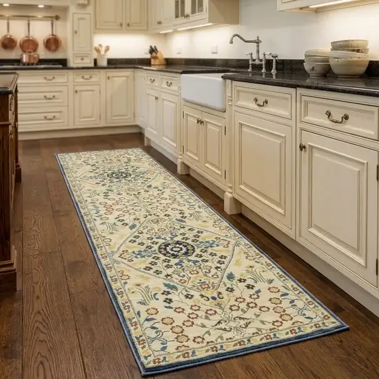 8' Ivory Blue And Burnt Orange Oriental Runner Rug With Fringe Photo 1