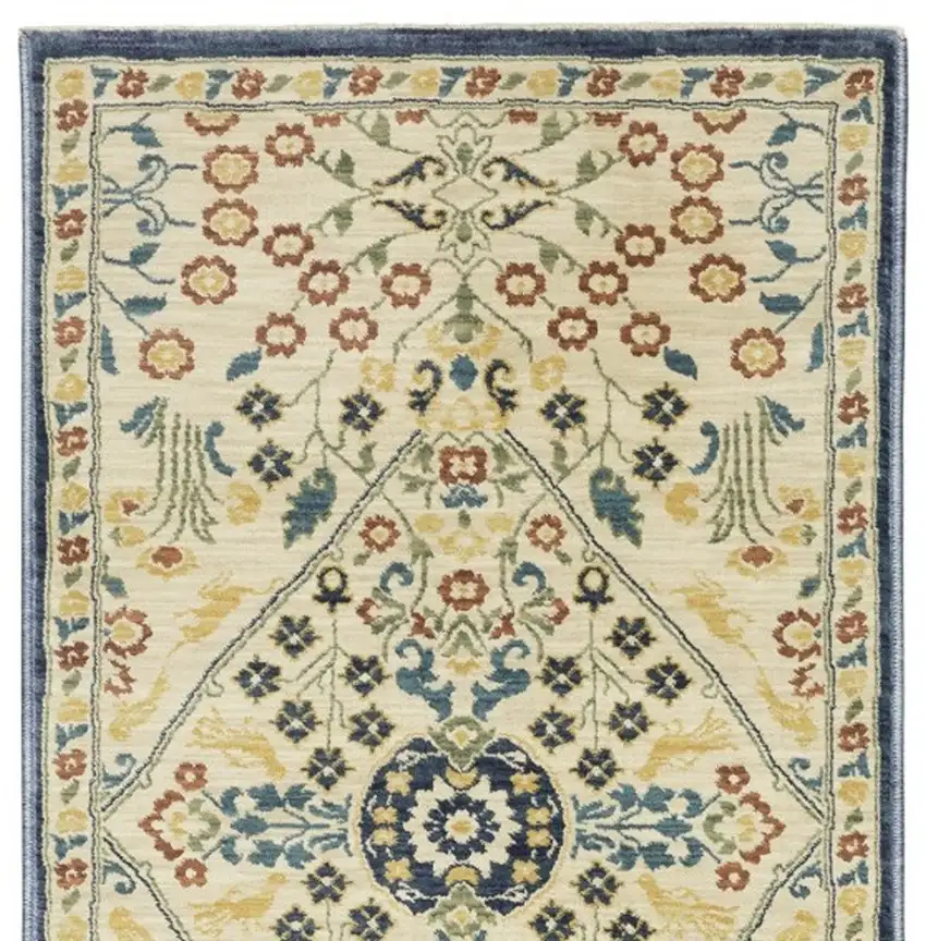 8' Ivory Blue And Burnt Orange Oriental Runner Rug With Fringe Photo 4
