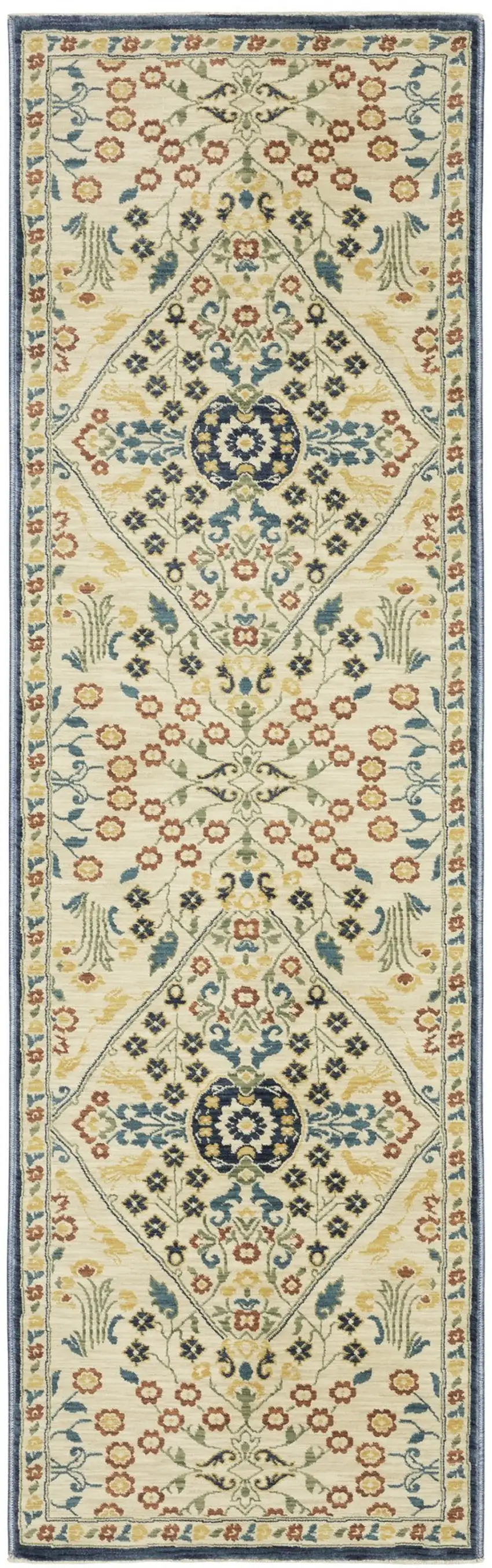8' Ivory Blue And Burnt Orange Oriental Runner Rug With Fringe Photo 2