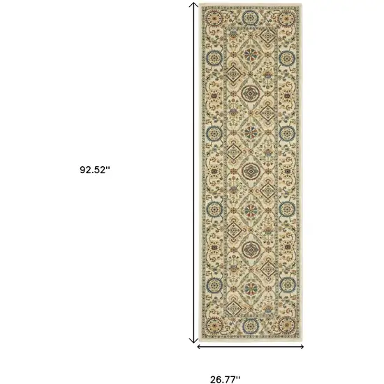 8' Ivory Blue And Burnt Orange Oriental Runner Rug With Fringe Photo 3