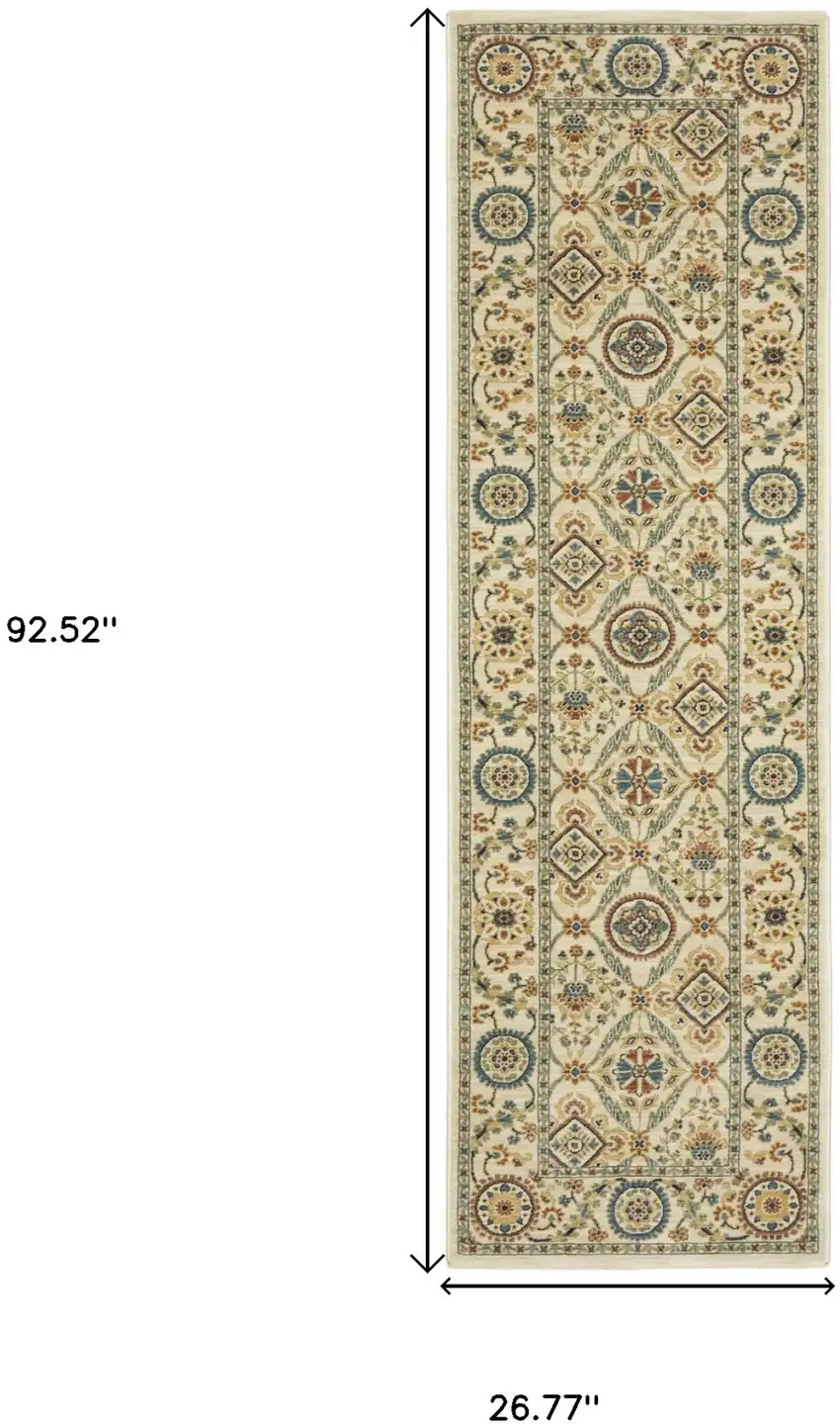 8' Ivory Blue And Burnt Orange Oriental Runner Rug With Fringe Photo 3