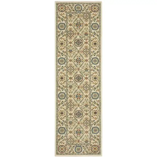 8' Ivory Blue And Burnt Orange Oriental Runner Rug With Fringe Photo 2