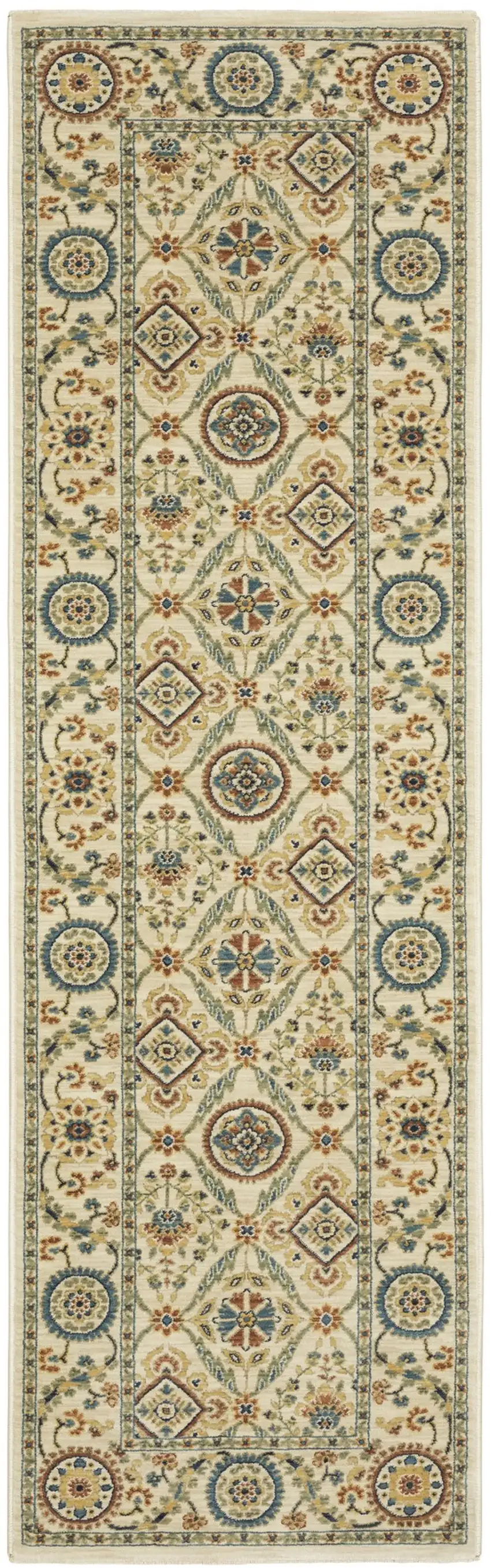 8' Ivory Blue And Burnt Orange Oriental Runner Rug With Fringe Photo 2