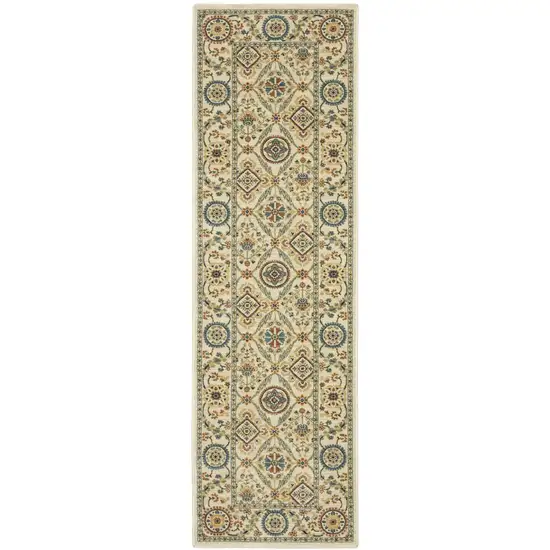 8' Ivory Blue And Burnt Orange Oriental Runner Rug With Fringe Photo 5