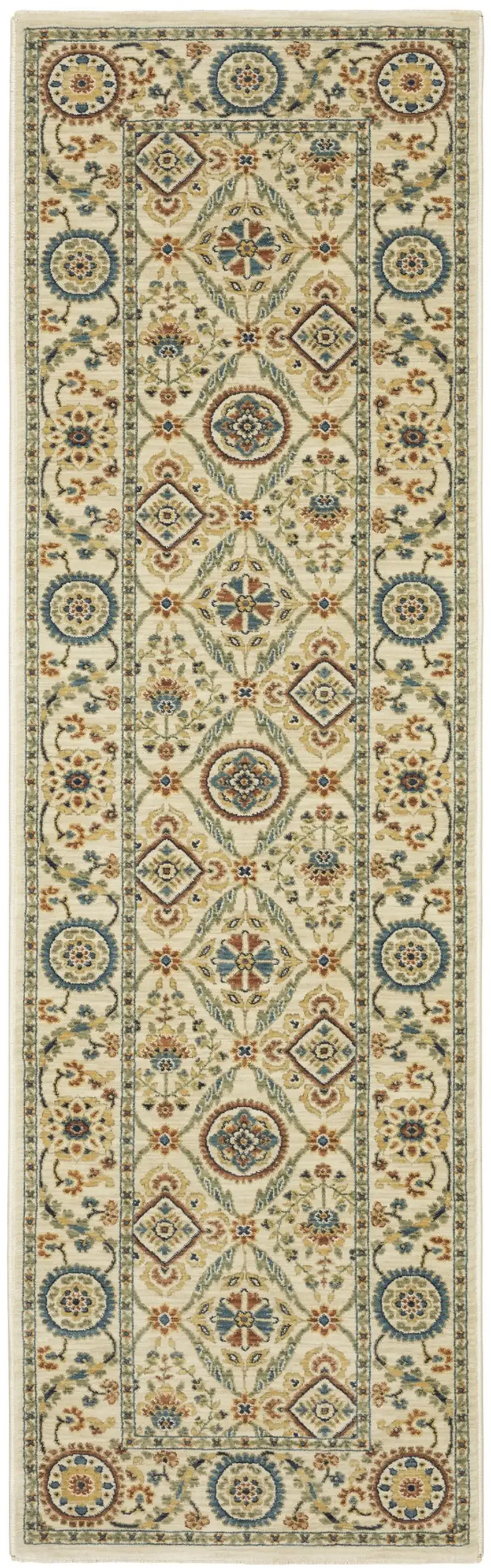 8' Ivory Blue And Burnt Orange Oriental Runner Rug With Fringe Photo 5