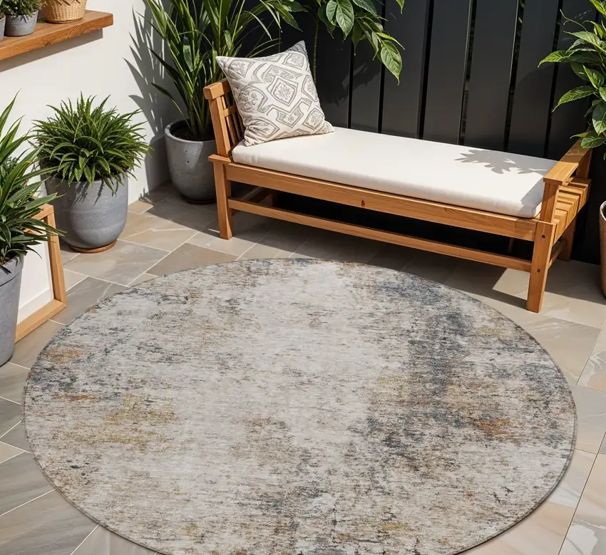 8' Ivory Blue And Copper Round Abstract Washable Indoor Outdoor Area Rug Photo 1