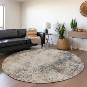 Photo of 8' Ivory Blue And Copper Round Abstract Washable Indoor Outdoor Area Rug