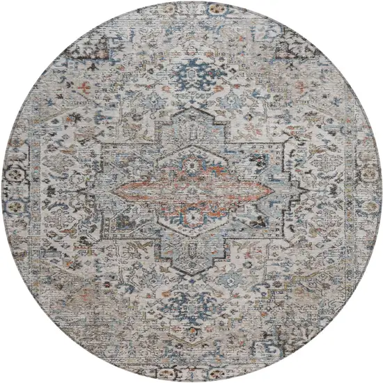 8' Ivory Blue And Copper Round Floral Medallion Washable Indoor Outdoor Area Rug Photo 1