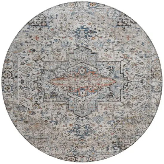 8' Ivory Blue And Copper Round Floral Medallion Washable Indoor Outdoor Area Rug Photo 3