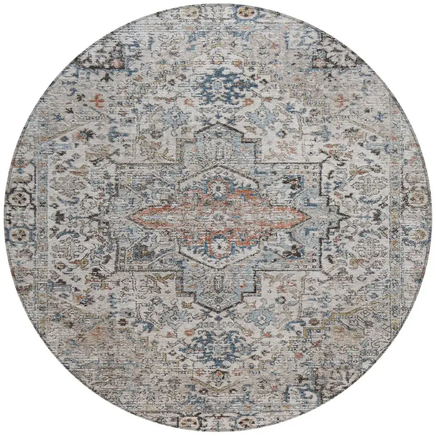 8' Ivory Blue And Copper Round Floral Medallion Washable Indoor Outdoor Area Rug Photo 3