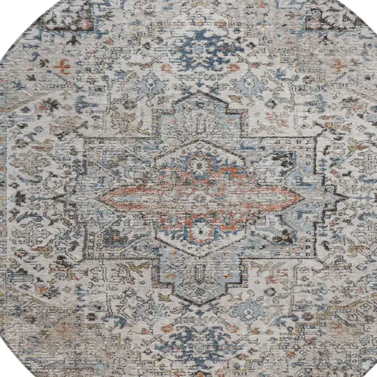 8' Ivory Blue And Copper Round Floral Medallion Washable Indoor Outdoor Area Rug Photo 9