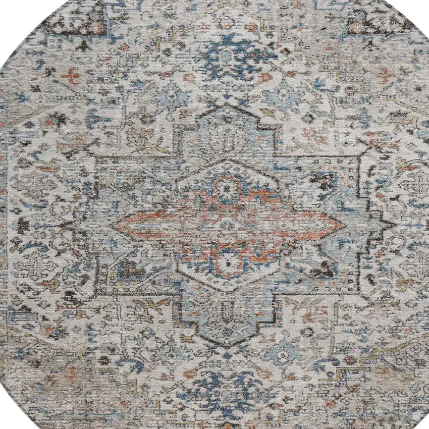 8' Ivory Blue And Copper Round Floral Medallion Washable Indoor Outdoor Area Rug Photo 9
