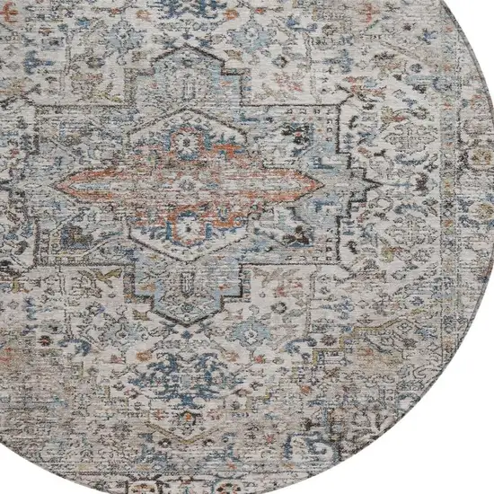 8' Ivory Blue And Copper Round Floral Medallion Washable Indoor Outdoor Area Rug Photo 4