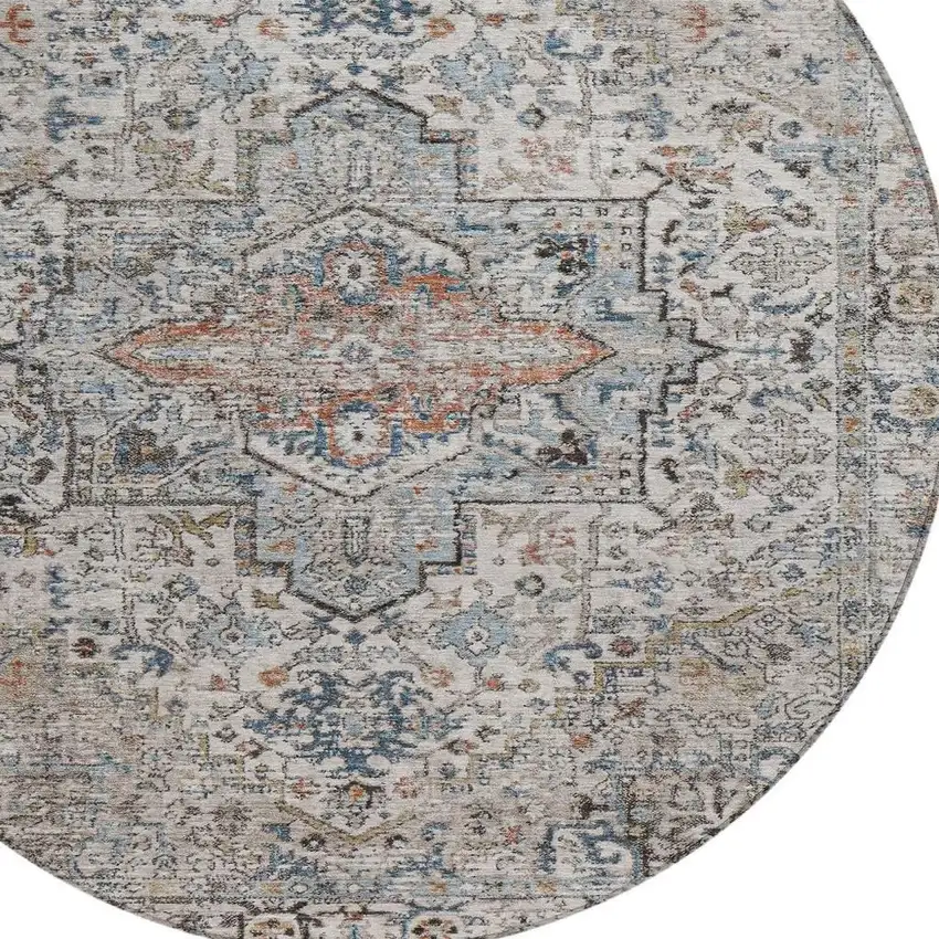 8' Ivory Blue And Copper Round Floral Medallion Washable Indoor Outdoor Area Rug Photo 4
