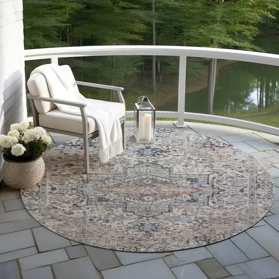 8' Ivory Blue And Copper Round Floral Medallion Washable Indoor Outdoor Area Rug Photo 5