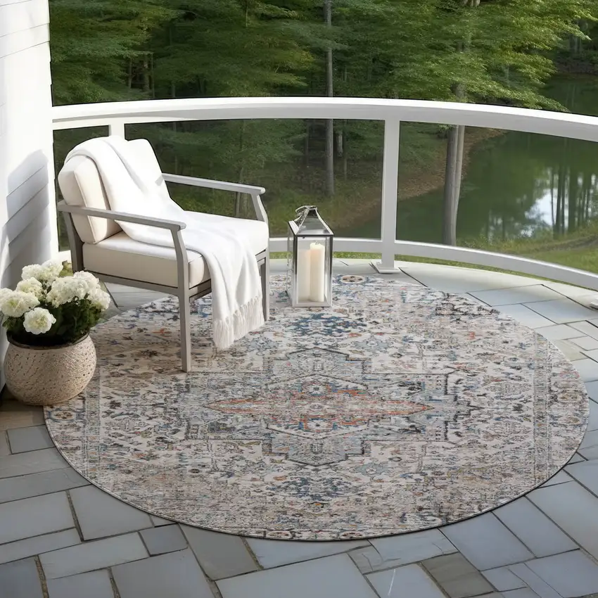 8' Ivory Blue And Copper Round Floral Medallion Washable Indoor Outdoor Area Rug Photo 5