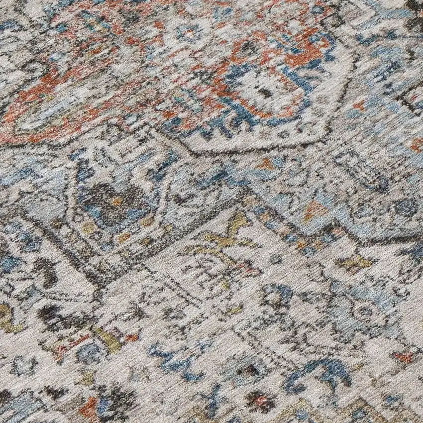 8' Ivory Blue And Copper Round Floral Medallion Washable Indoor Outdoor Area Rug Photo 8