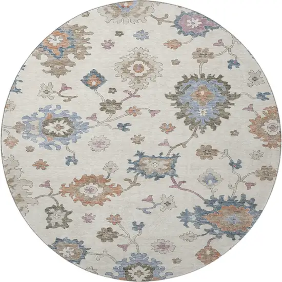 8' Ivory Blue And Coral Floral Washable Round Rug With UV Protection Photo 3