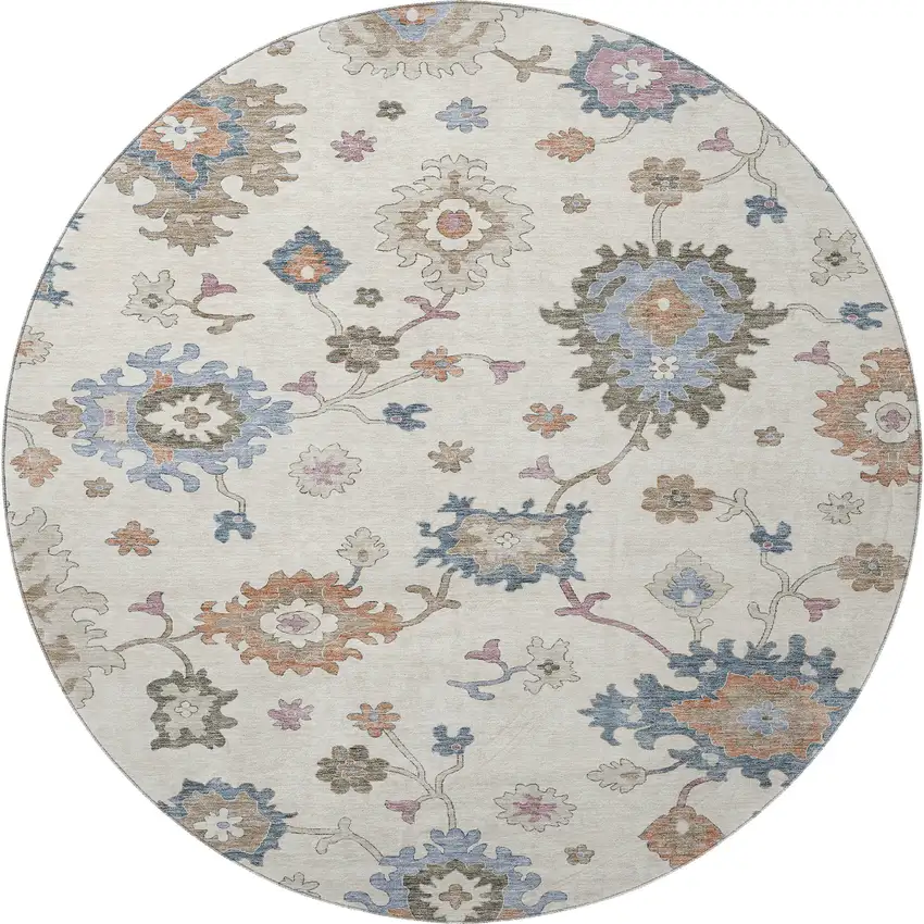 8' Ivory Blue And Coral Floral Washable Round Rug With UV Protection Photo 3