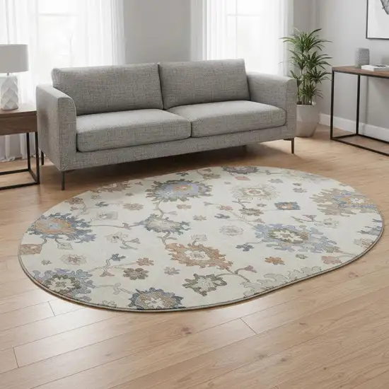 8' Ivory Blue And Coral Floral Washable Round Rug With UV Protection Photo 2