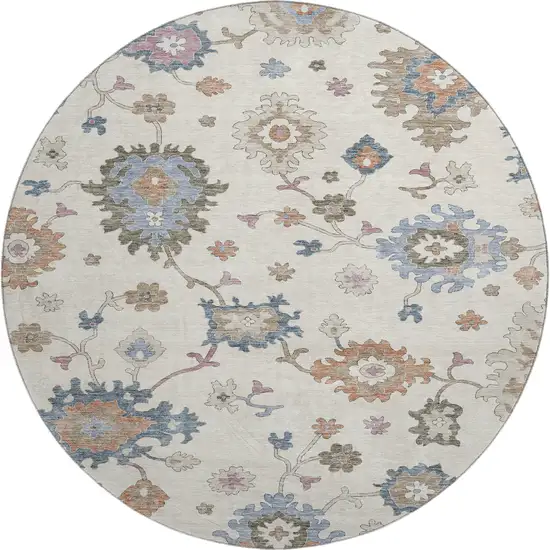 8' Ivory Blue And Coral Floral Washable Round Rug With UV Protection Photo 1