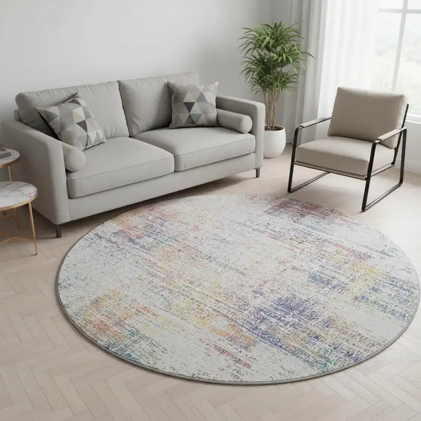 8' Ivory Blue And Gold Abstract Washable Round Rug With UV Protection Photo 2